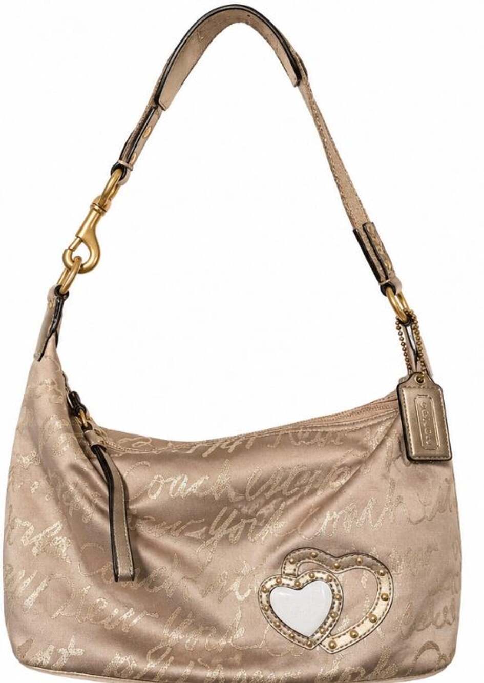 Coach Metallic Gold Signature Script Heart Applique Shoulder Bag